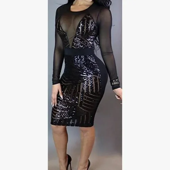 chinese dress ladies Black Sparkly Long Sleeve Ruched Bodycon Midi Dress – AX Paris main image 0